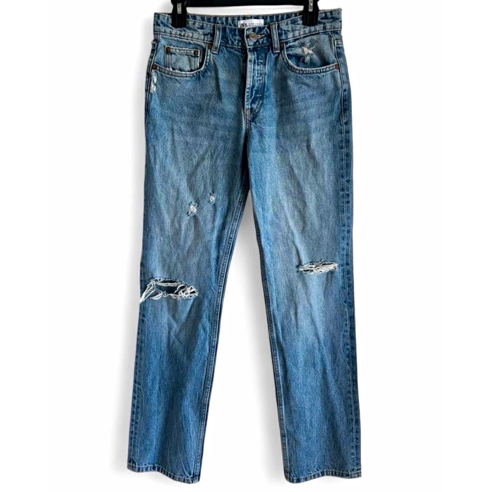 ZARA Women's Jeans Size 4 26 Blue Distressed Ripped Straight Leg Button Fly